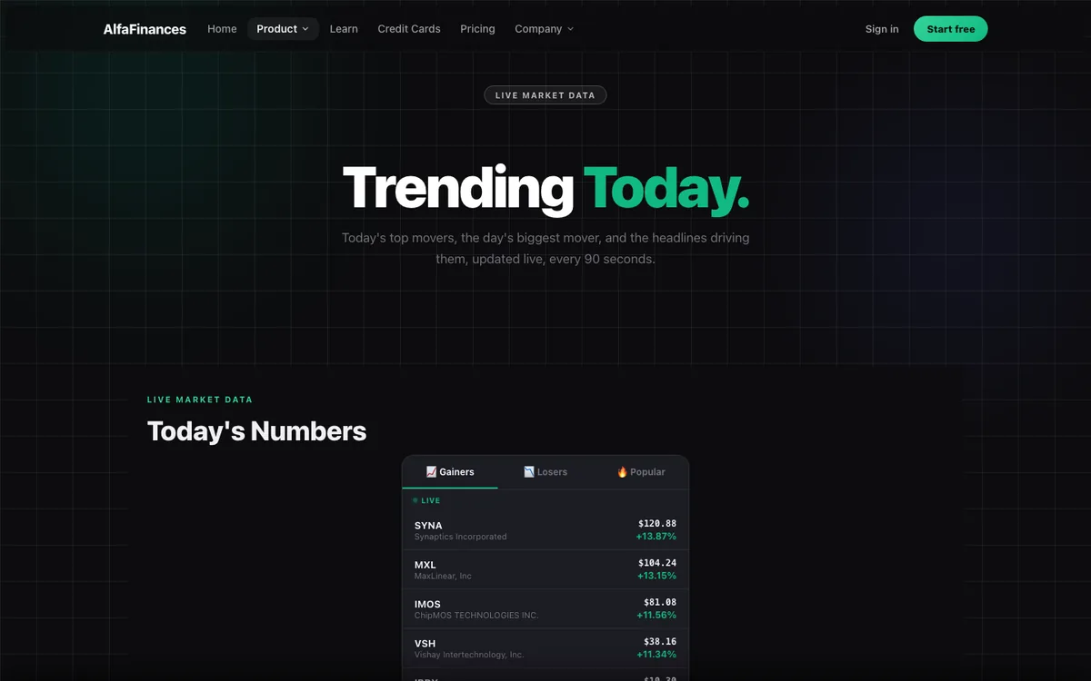AlfaFinances Trending page showing live top gainers with price and percentage change